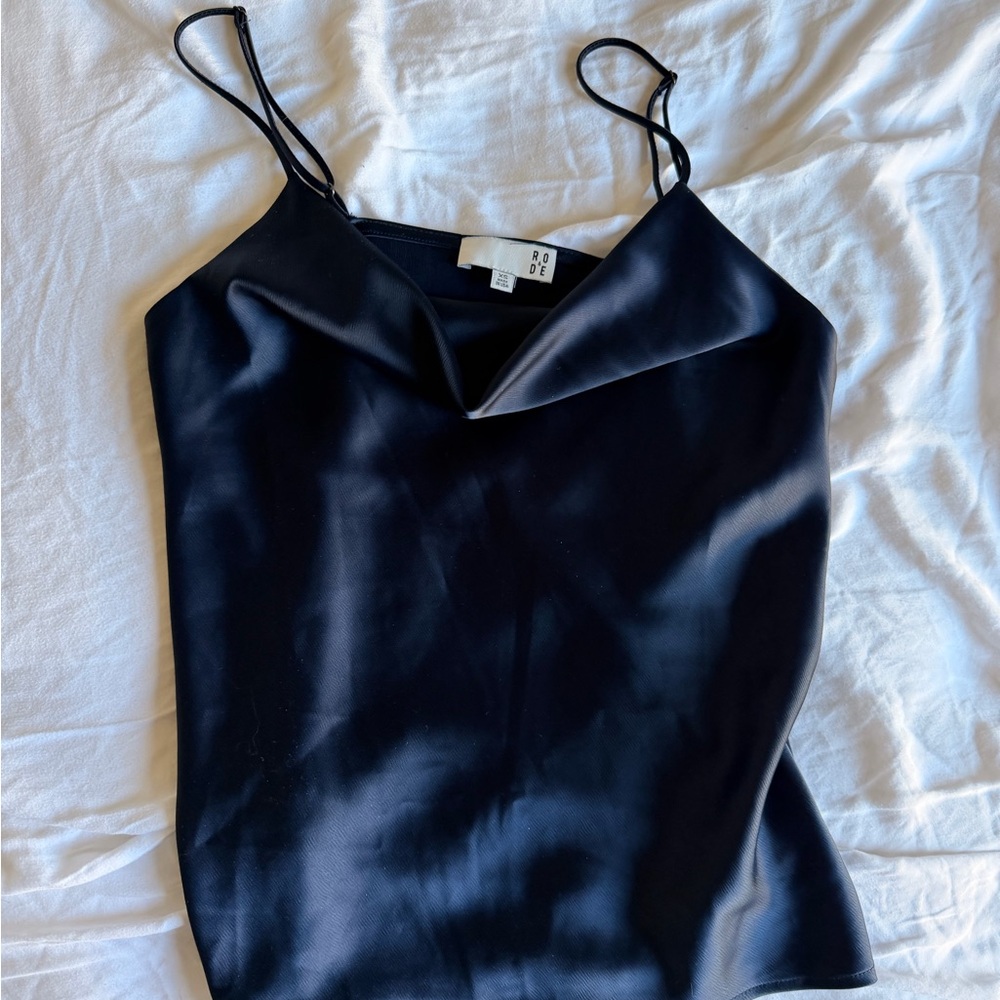 Anthropologie Navy Satin Cowl Neck Spaghetti Strap Top